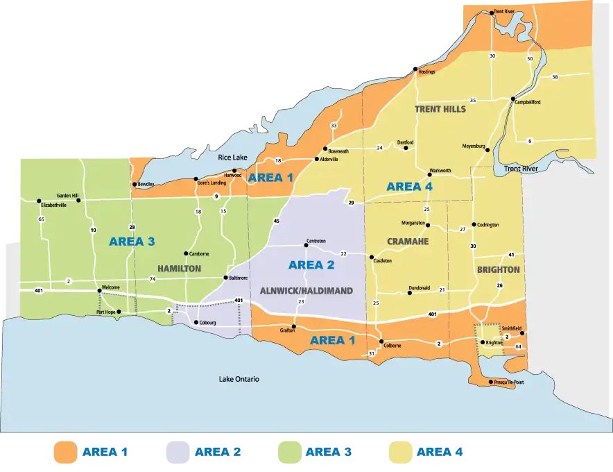 Map of northumberland County indicating the different collection areas. 