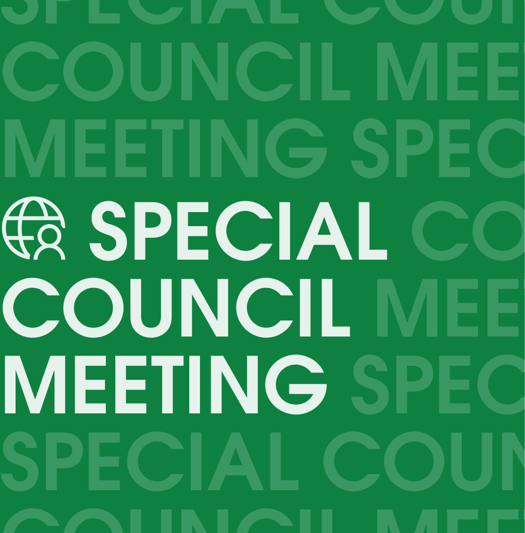White text on a green background that reads "Special Council Meeting."
