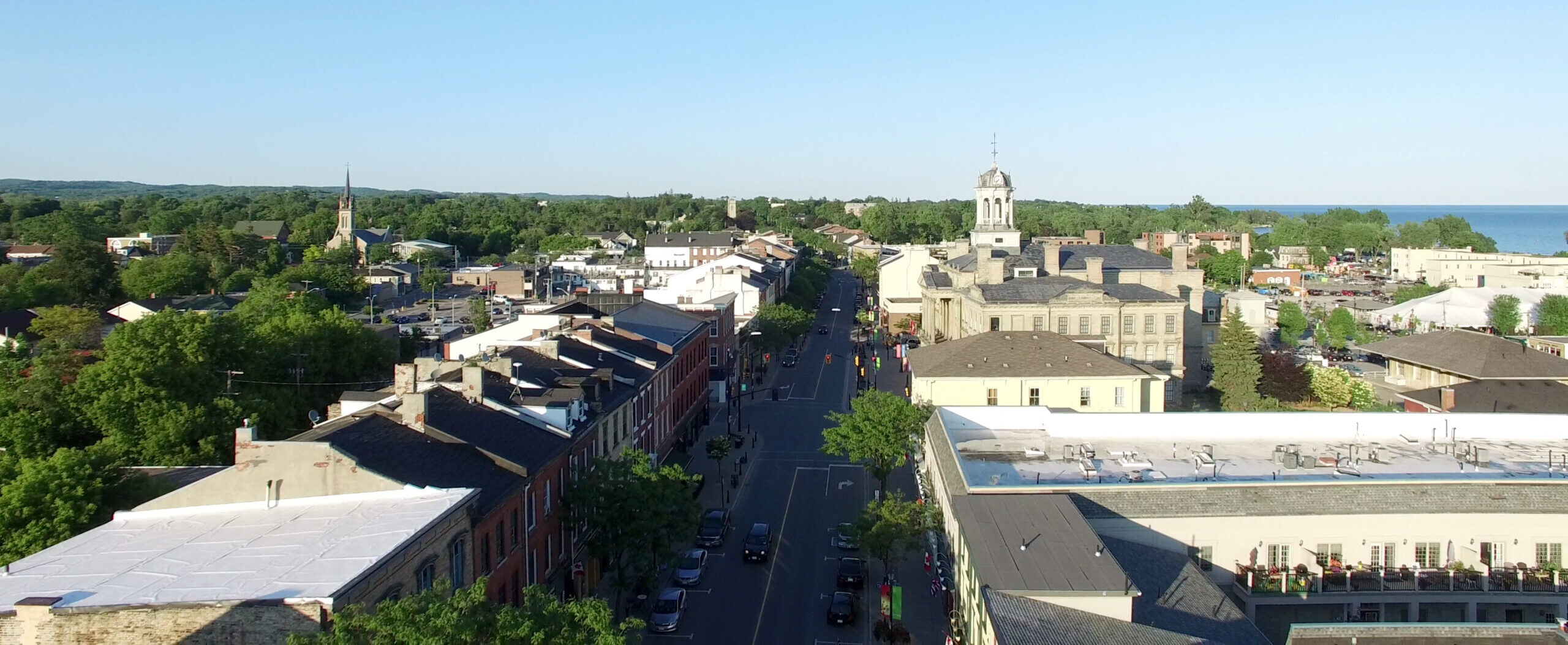 Drone shot showing rooftops of downtown Cobourg