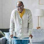 Senior walking with a mobility aid. 