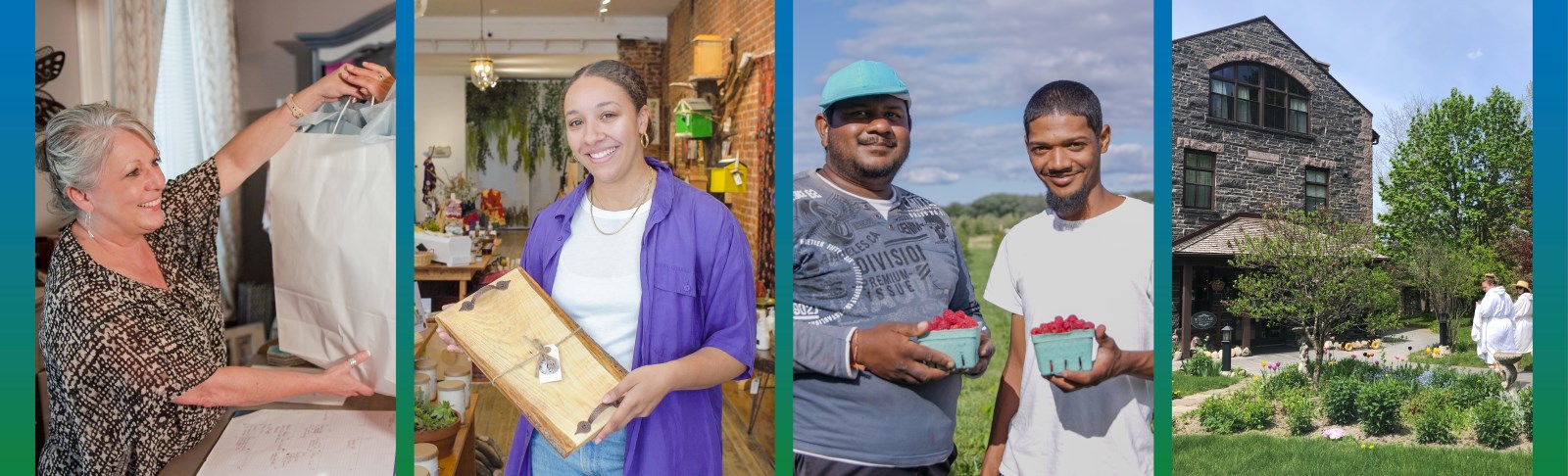 Collage showing business owner passing shopping bag over counter to customer, two men holding baskets of fresh raspberries in a farm field, a business owner holding up an artisan serving board and a group of women walking towards a historic building at Ste Annes Spa.