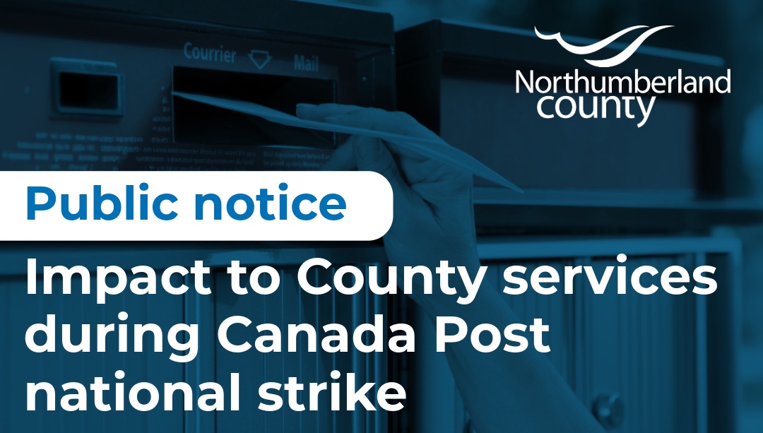 hand putting a letter in a mailbox. Text reads "Public notice. Impact to County services during Canada Post national strike.