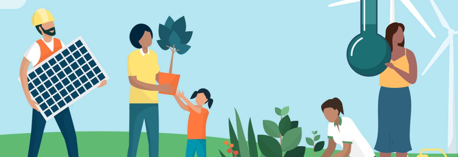 Digital illustration of people taking action against climate change