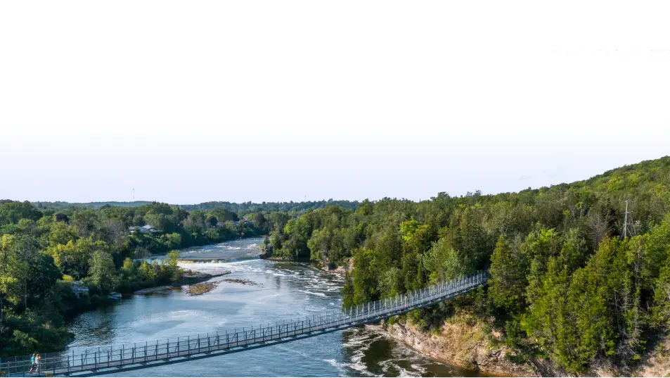 Aerial view of a suspension bridge in the County.