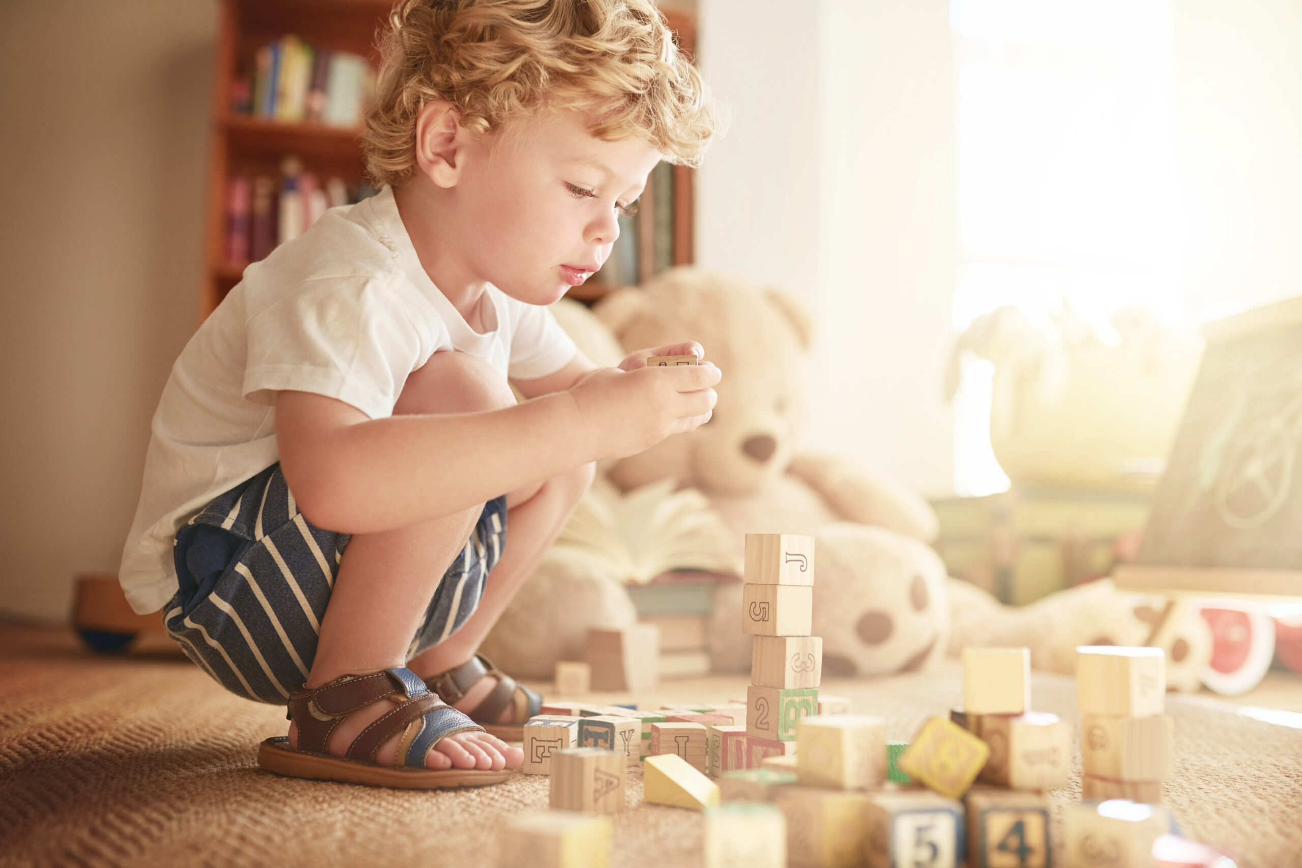 Little boy plays with blocks and toys