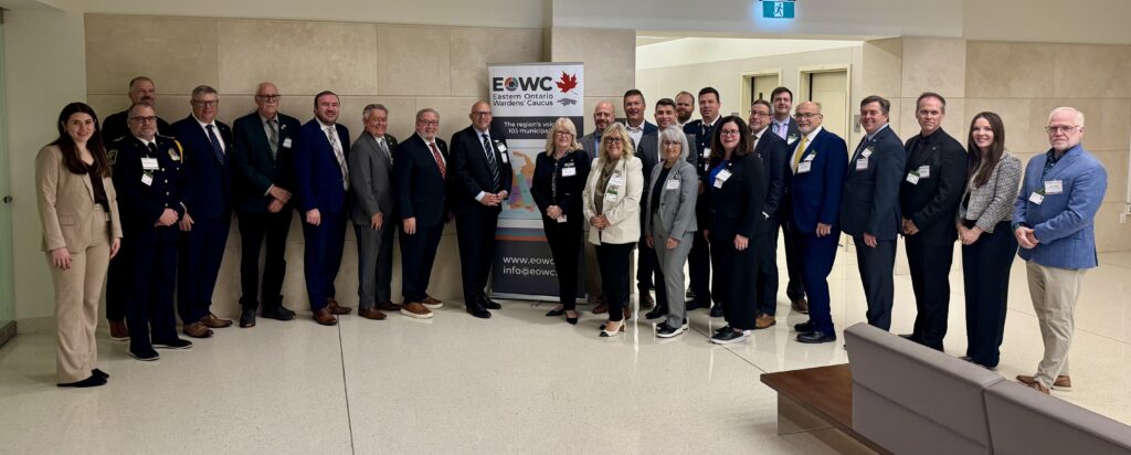 Left-to-right: Jessica Uitvlugt, Administrative and Communications Coordinator, EOWC; Marc-Andre Periard, Paramedic Chief and Emergency Services Department Director, United Counties of Prescott and Russell; Kurt Greaves, CAO, County of Lanark; Martin Lang, Warden, United Counties of Stormont, Dundas, and Glengarry; Bob Mullin, Warden, County of Hastings; Eric Duncan, Member of Parliament, Stormont-Dundas-Glengarry; Yves Laviolette, Warden, United Counties of Prescott and Russell; Chris Malette, Member of Parliament, Bay of Quinte; Steve Ferguson, Vice-Chair; Bonnie Clark, Chair, EOWC; Toby Randell, Warden, County of Lanark; Sheridan Graham, Secretary-Treasurer, EOWC; Jason St. Pierre, CEO, EORN; Nathan Townend, Warden, County of Lennox and Addington; Maureen Adams, CAO, United Counties of Stormont, Dundas, and Glengarry; Connor Dorey, CAO, County of Hastings; Travis Mellema, Paramedic Chief, County of Lanark; Corinna Smith-Gatcke, Warden, United Counties of Leeds and Grenville; Glenn Dees, CAO, Northumberland County; Adam Goheen, CAO, County of Prince Edward; Peter Emon, Warden, County of Renfrew; Brian Ostrander, Warden, Northumberland County; Craig Kelley, CAO, County of Renfrew; Meredith Staveley-Watson, Director of Government Relations and Policy, EOWC; Gary Dyke, CAO, Haliburton County. 