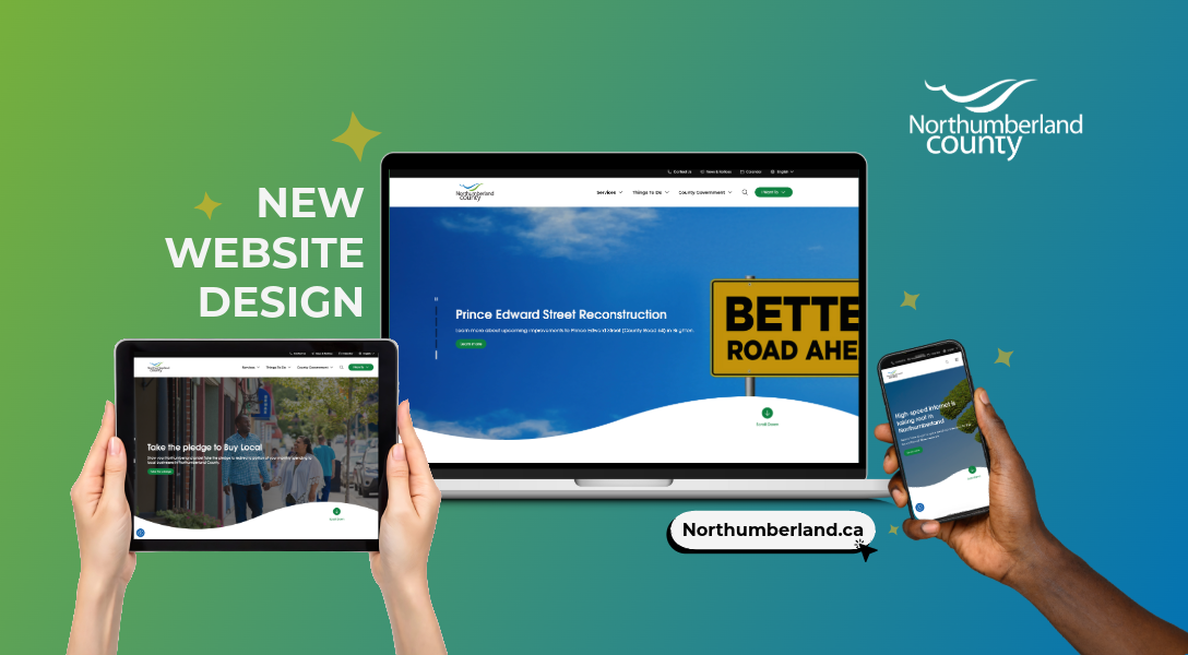 Mock ups of County's new website design on tablet, laptop and mobile phone