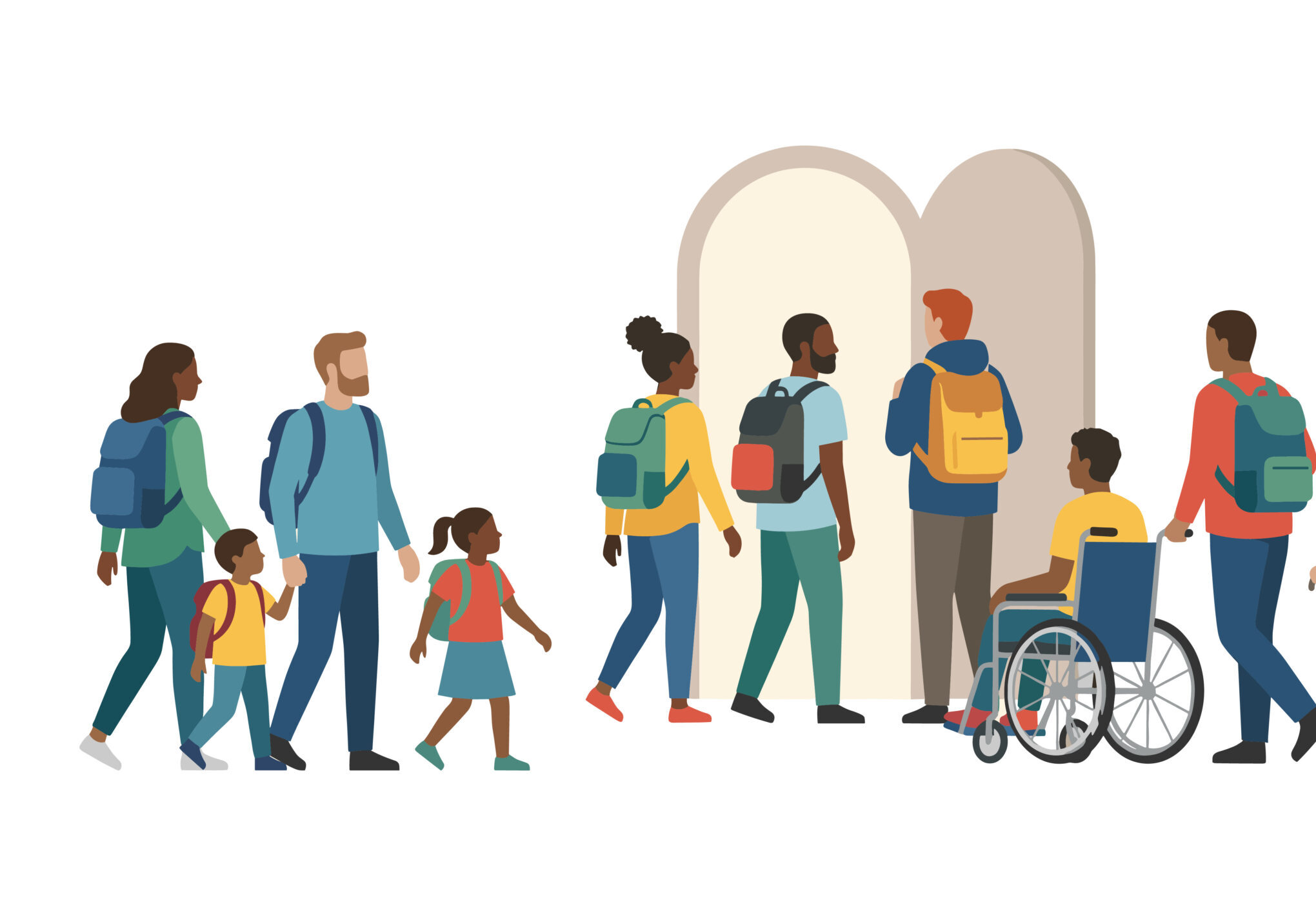 Digital illustration of people with various abilities and disabilities walking through a door.