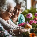 Older adults organizing a flower arrangement. 