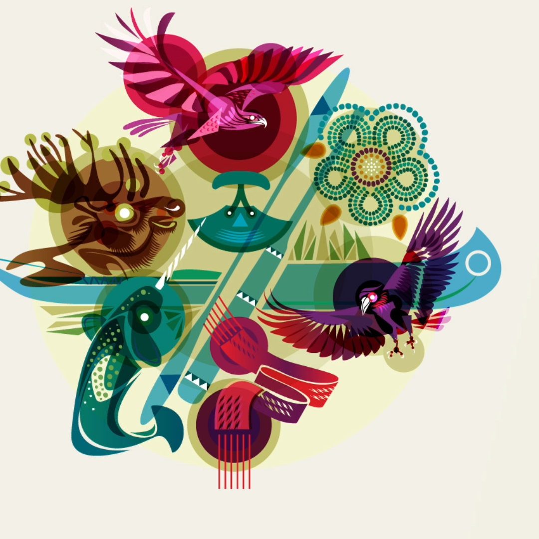 Graphic with a colourful design featuring Indigenous elements.