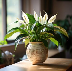 Peace Lily's in a pot on a table. 