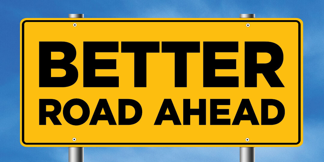 Illustration of a yellow road sign reading "Better Road Ahead. Revitalizing Prince Edward Street." The Northumberland County and Municipality of Brighton logos are included in the footer.