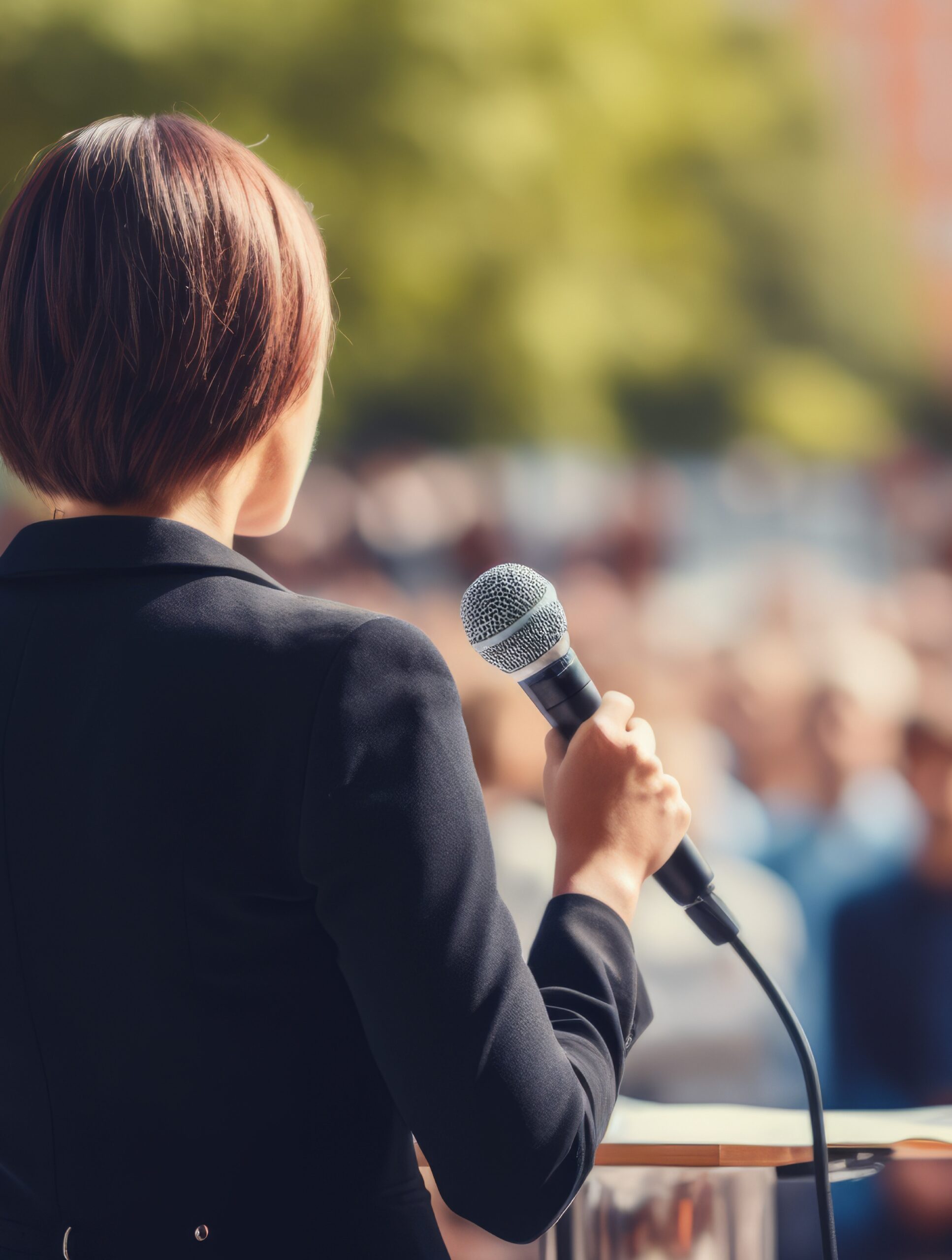 Candidate stands at podium on a stage and speaks to a crowd through a microphone