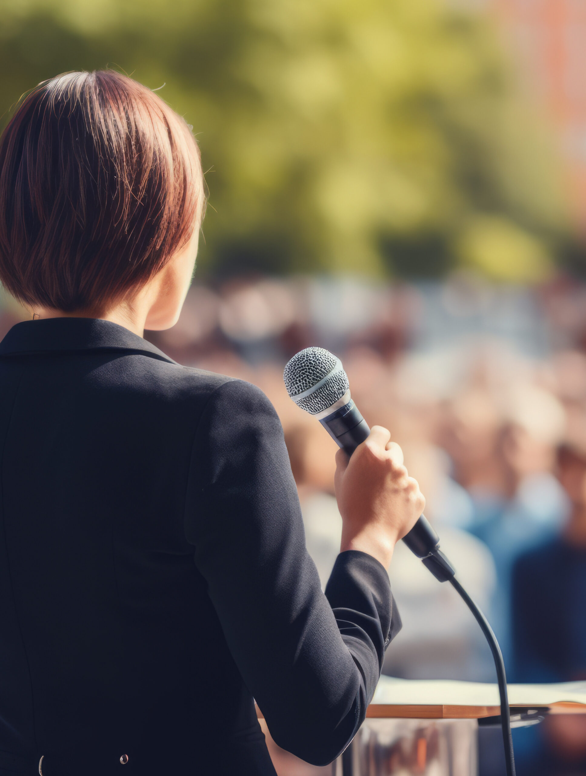 Person standing in front of a crowd with a microphone.