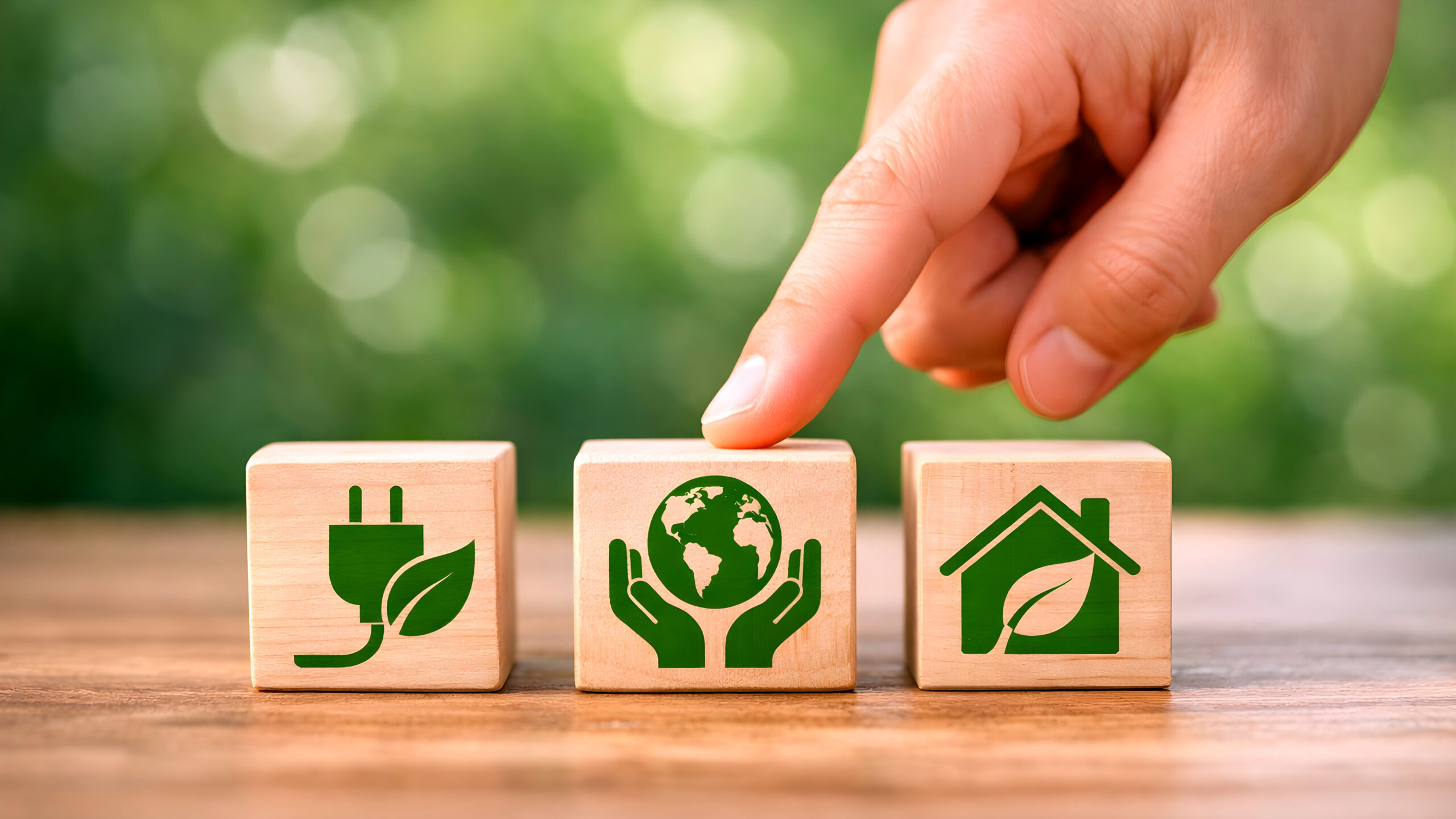 finger touching wooden blocks with various climate action icons printed on them.