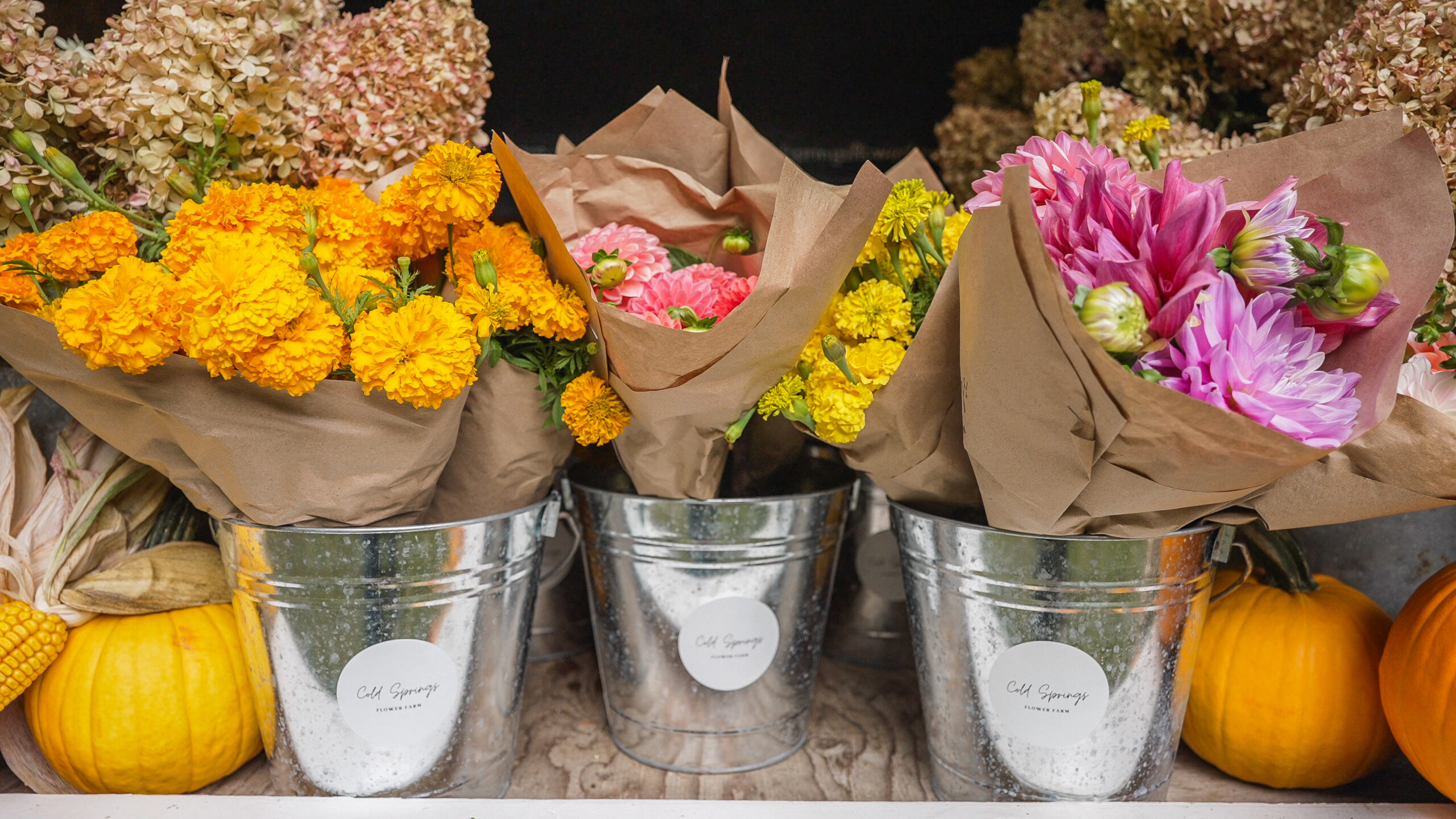 Flowers in buckets