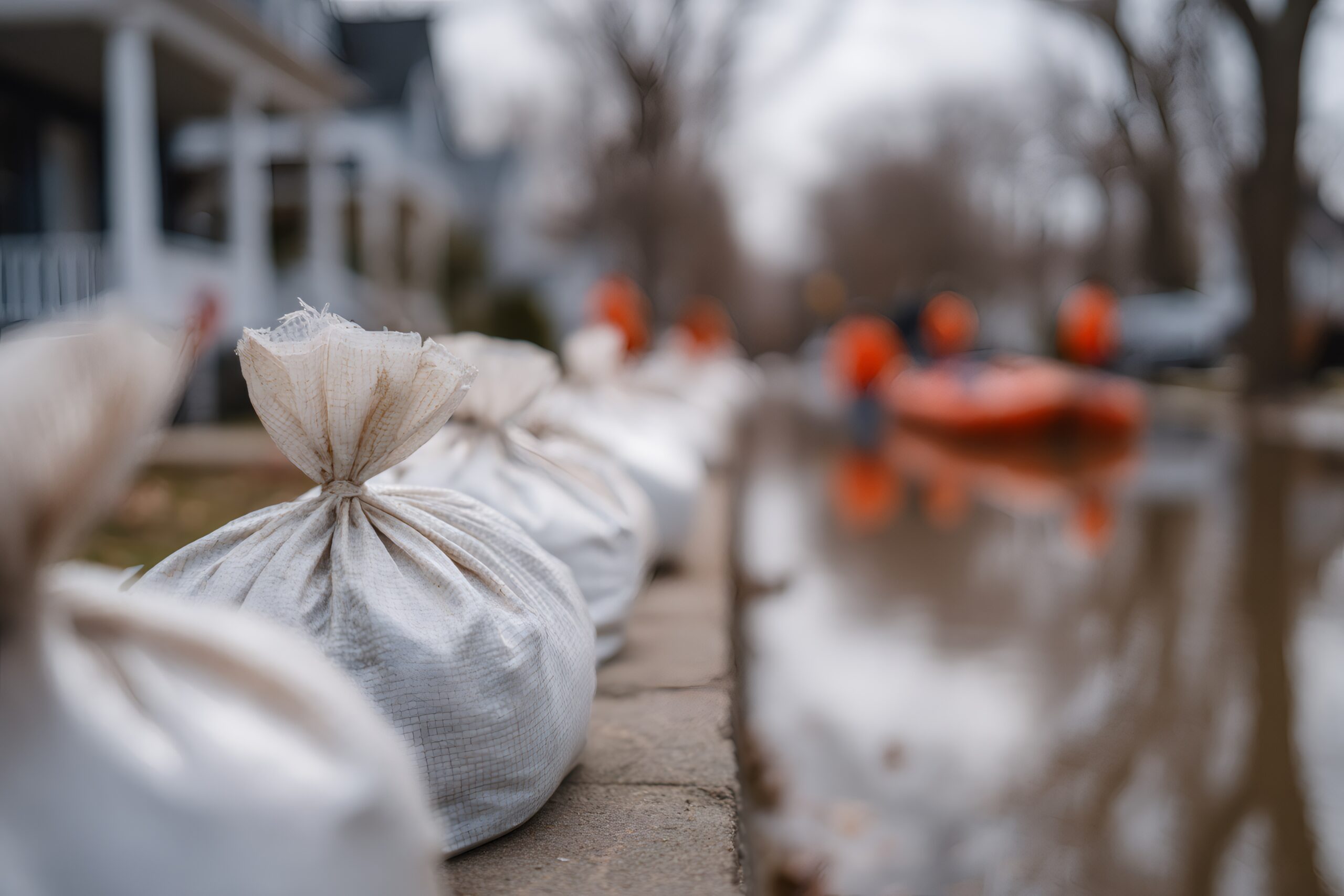 Sandbanks surrounding a flooded neighbourhood.