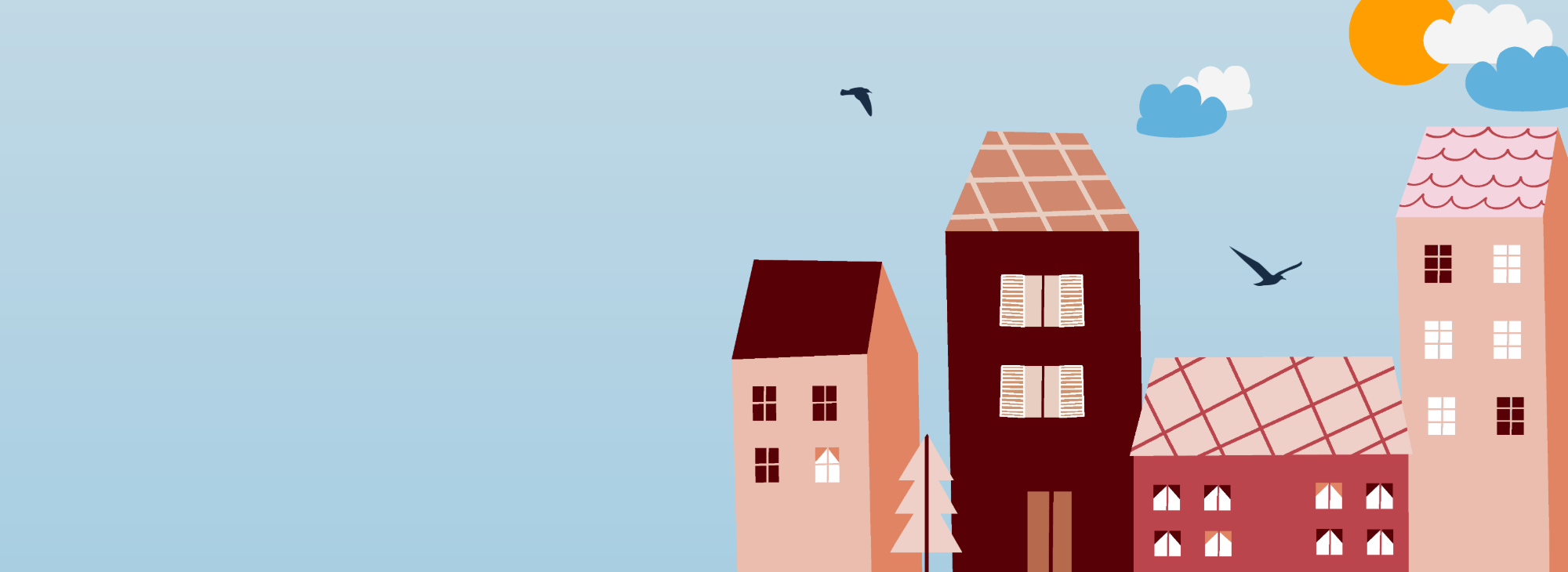 Illustration of colourful buildings with a variety of residential building types.