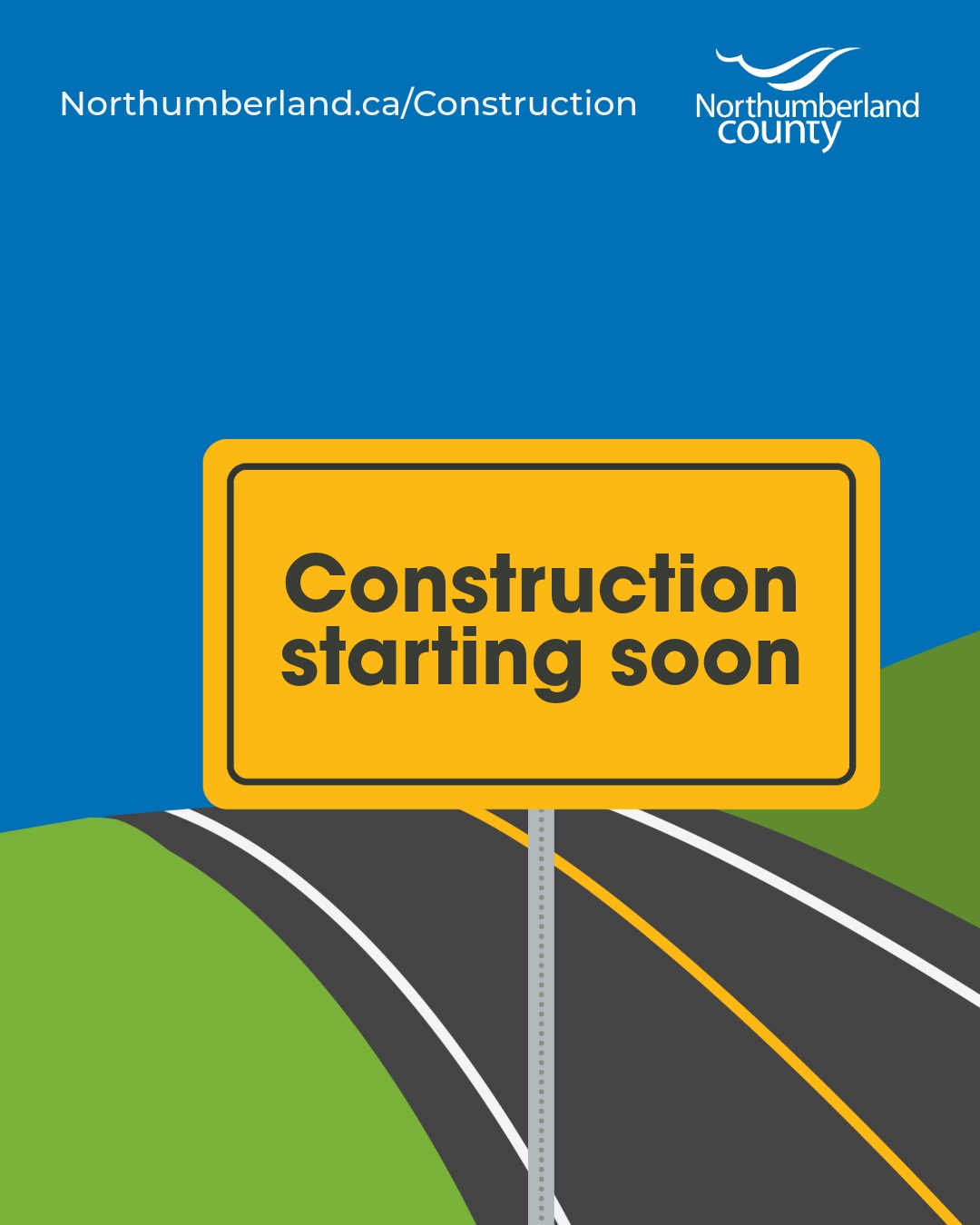 Illustration of a yellow highway sign reading "Construction starting soon."