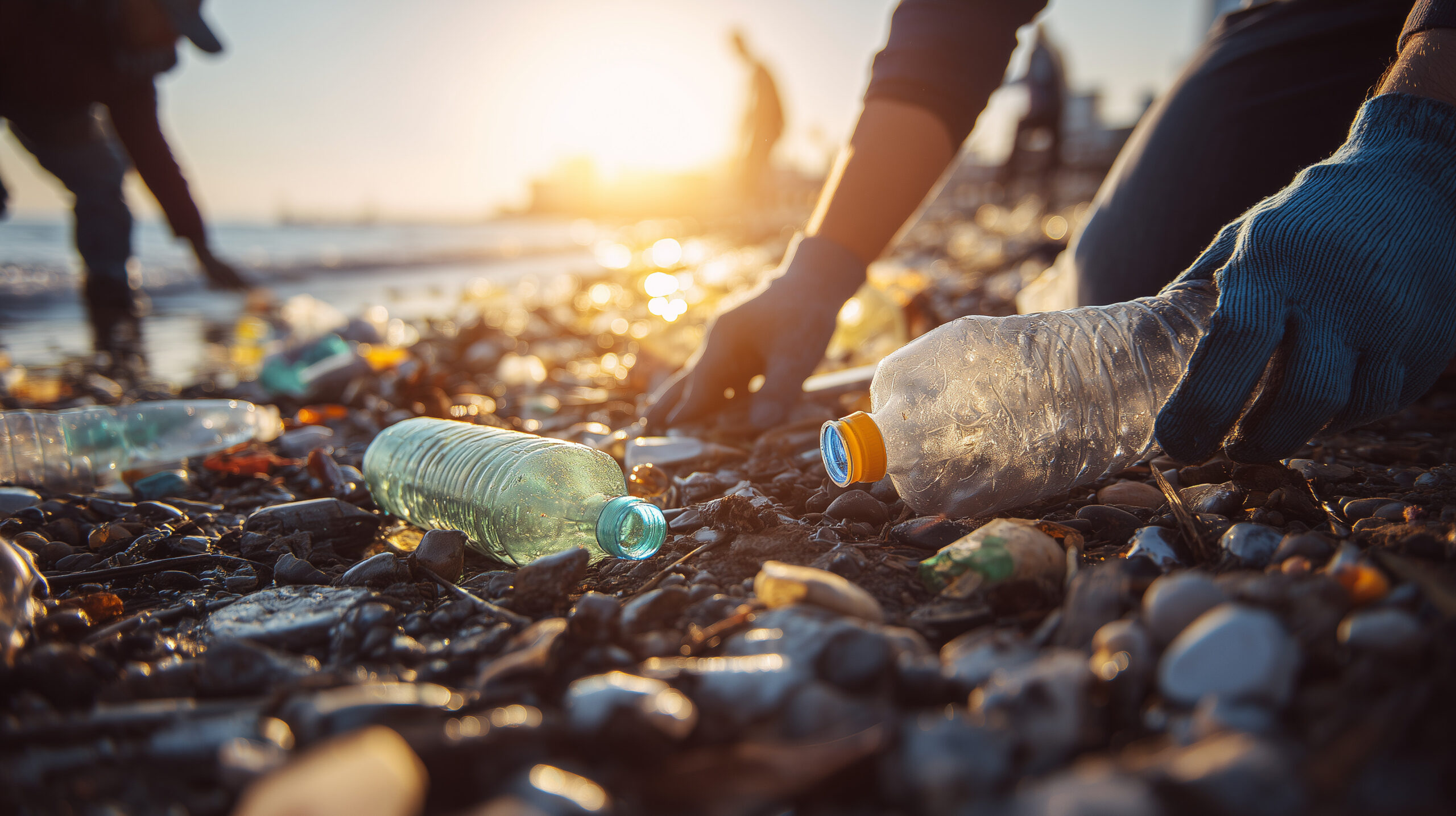 Group of people picking up trash on a beach.