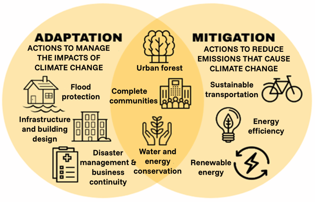 Ven diagram outlining various mitigation and adaptation actions that can be taken - including some that cross over into both categories.