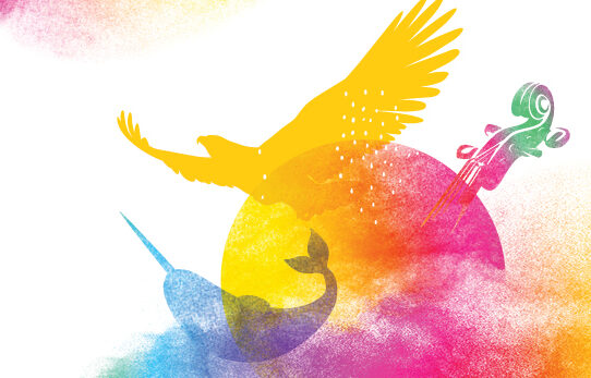 Colourful banner with various illustrations of Indigenous elements.
