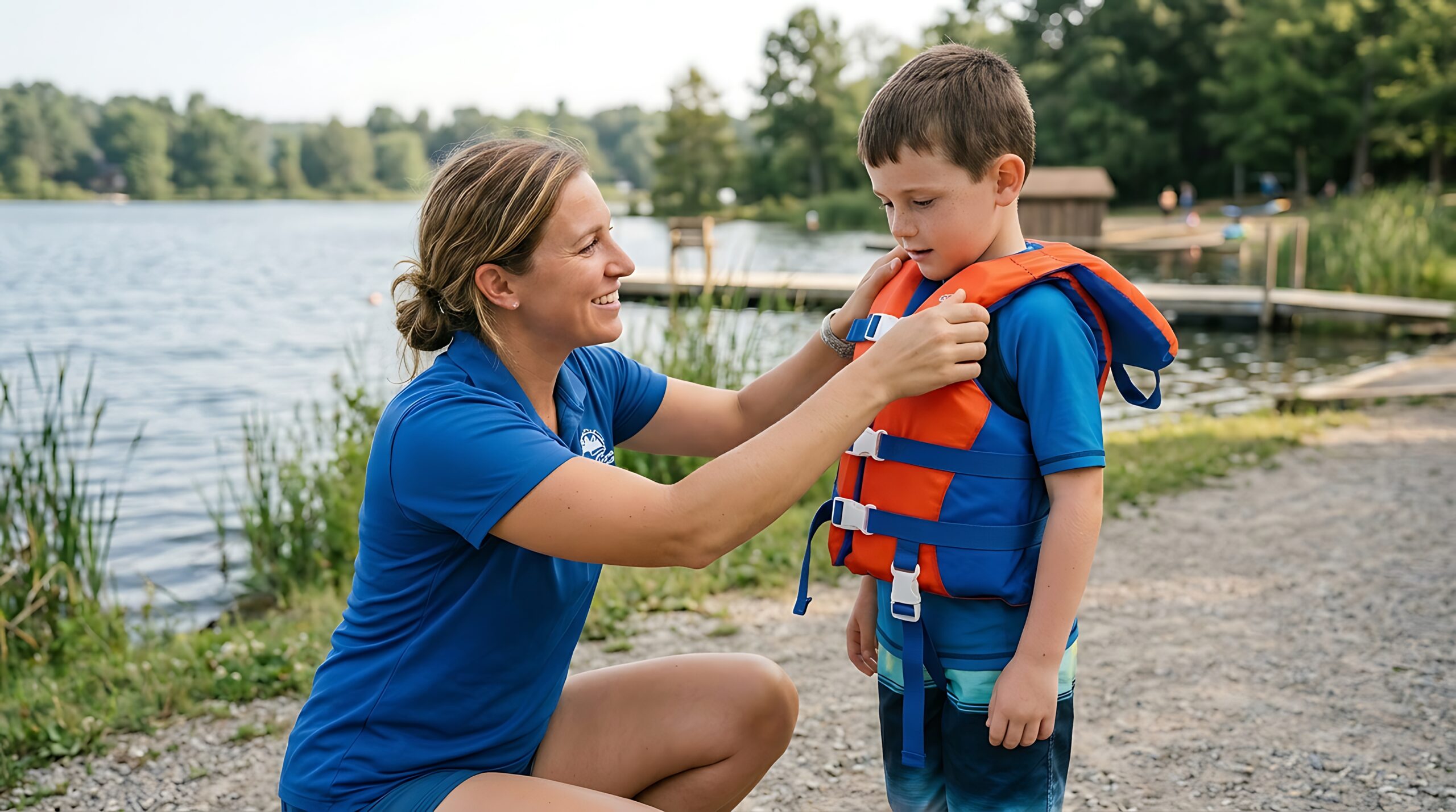 Women helping a child put on a life jacket.