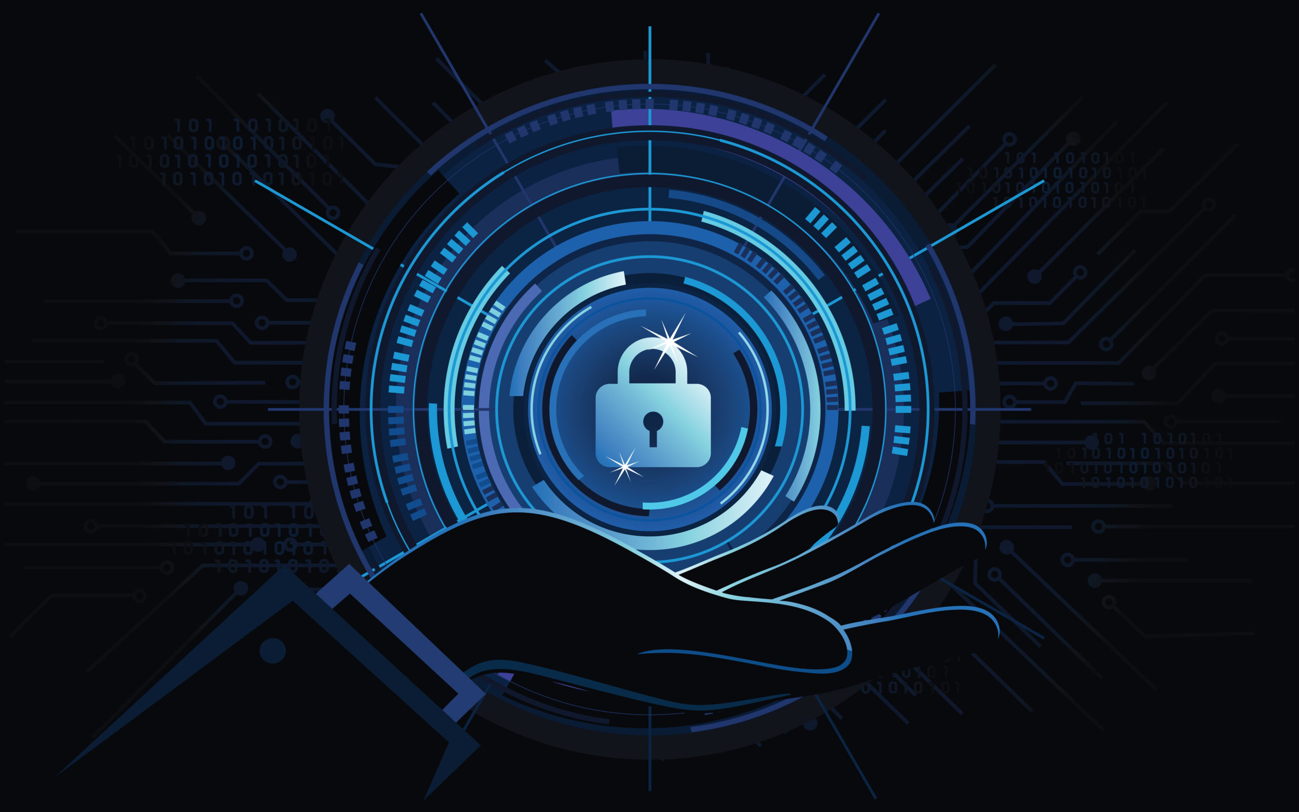 Illustration of a hand with a blue cyber lock above it.
