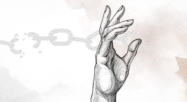 Hand reaching up next to a broken chain.