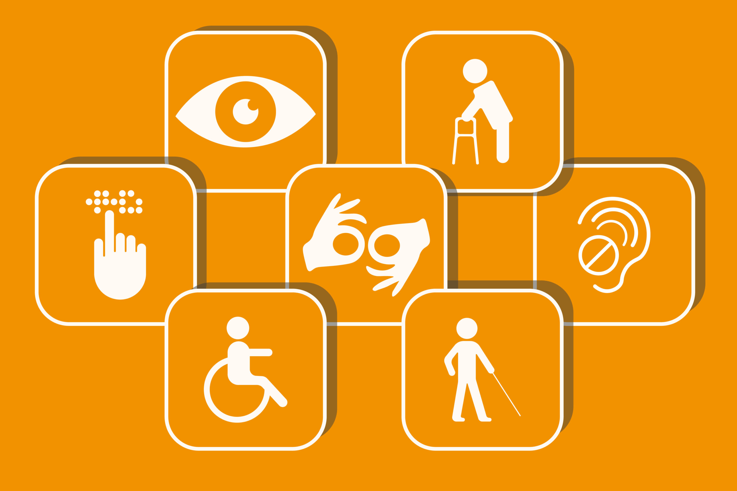 Various accessibility icons placed on orange tabs.