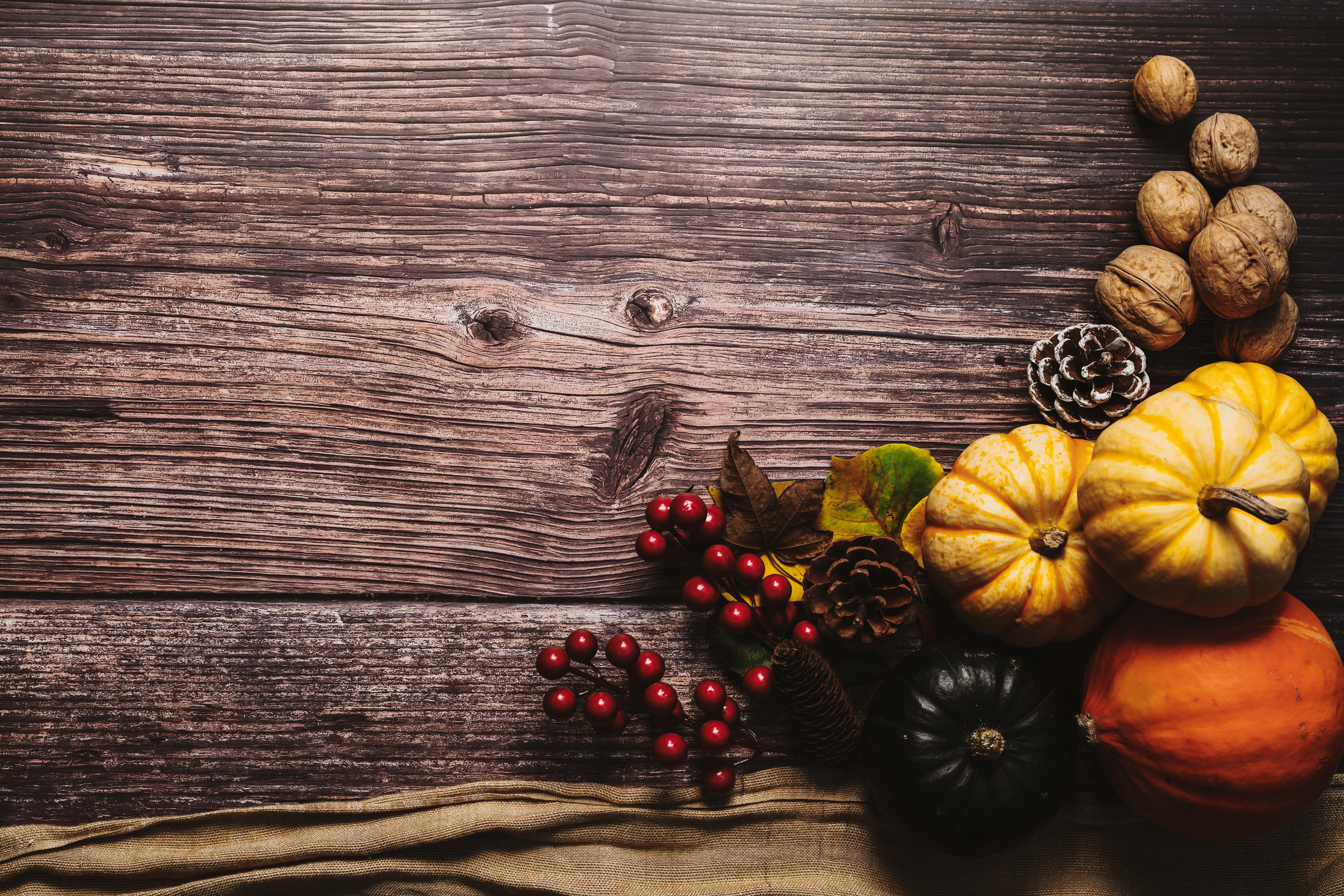 Traditional Thanksgiving items on a wooden table.