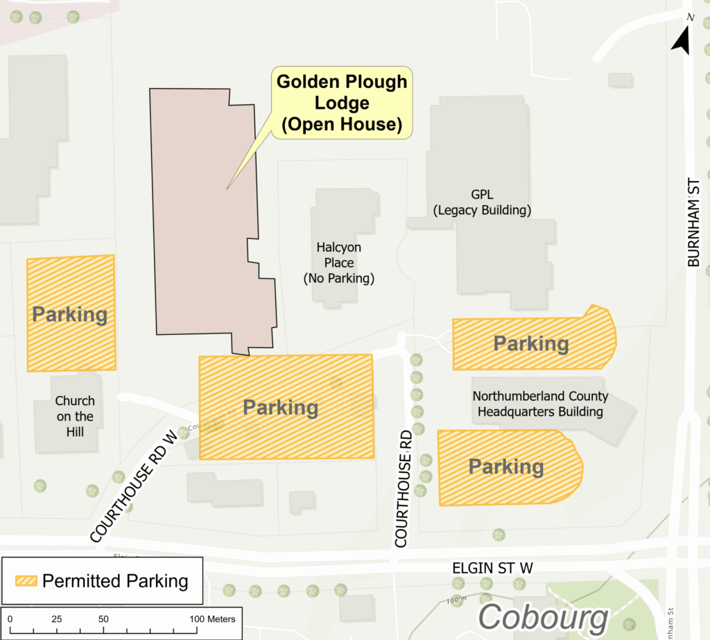 Map showing parking locations for the GPL Open House including the front lot at the new GPL building, the parking lot at Church on the Hill, and the parking lots at the Northumberland County office building. Please do not park in the Haylcon Place parking lot.