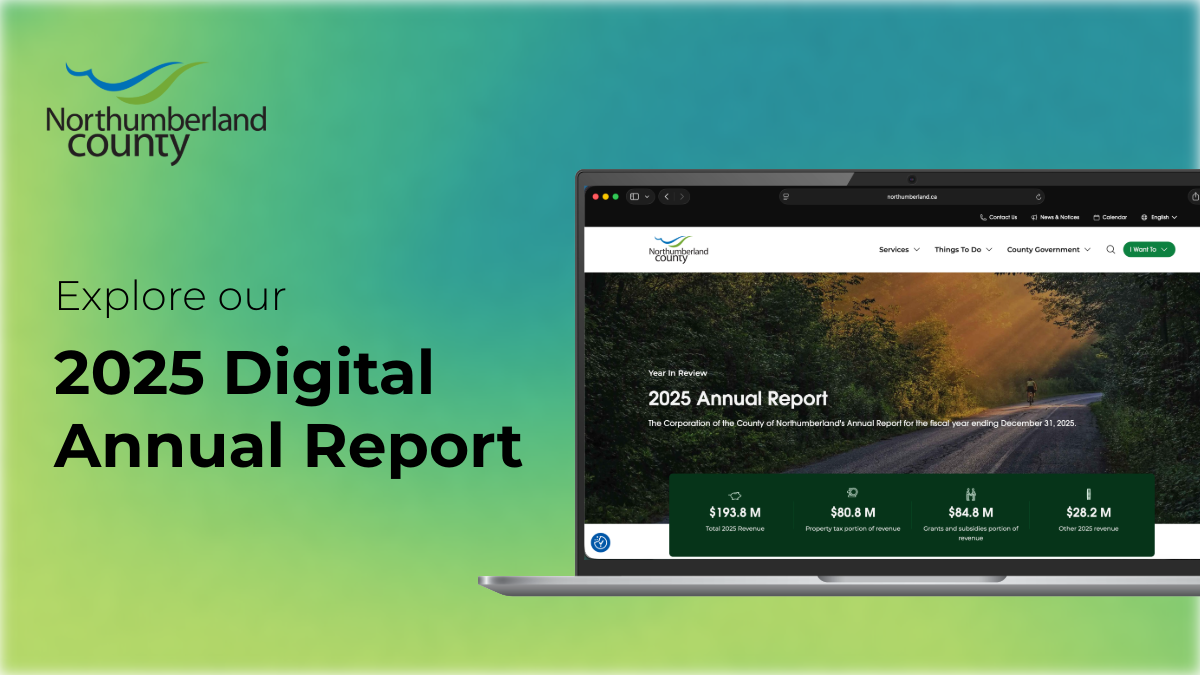 Photo of Annual Report open on a laptop screen with Northumberland County logo and text that says 'Explore our 2025 Digital Annual Report'