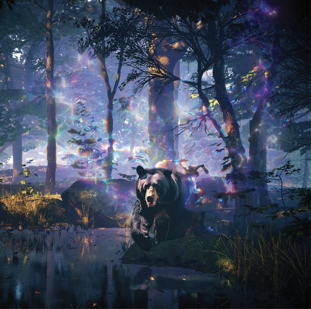 Gidinawendimin Exhibit graphic of a bear emerging from a forest with a glowing aura around it