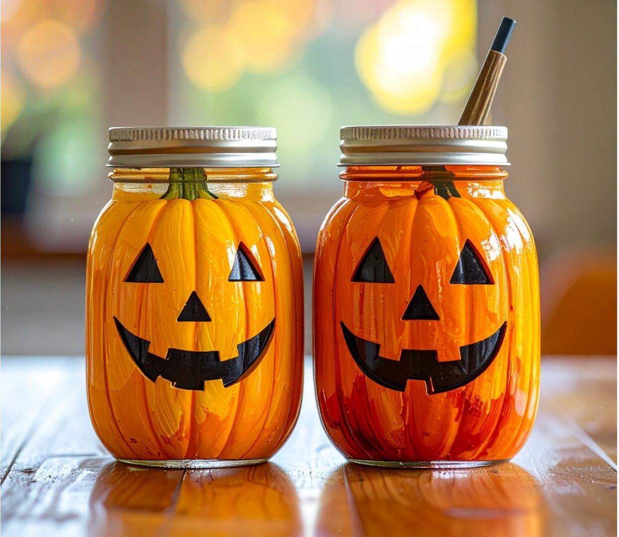 Two lanterns painted to look like pumpkins sitting on a table.