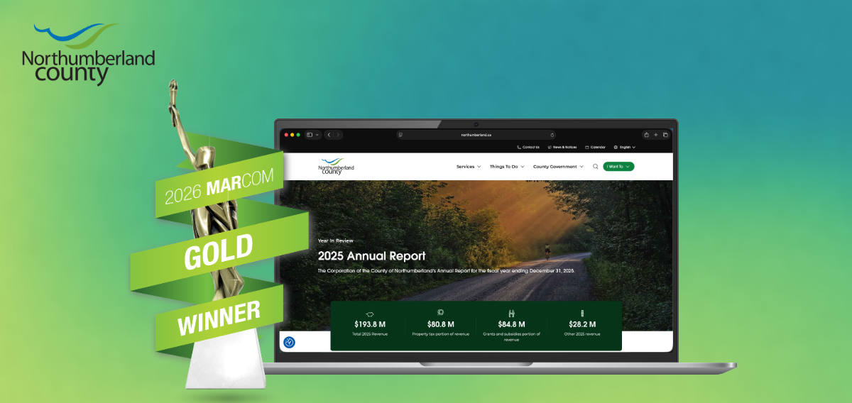 Graphic featuring the 2025 Annual Report displayed on a laptop. Text reads "2026 Marcom Gold Winner. 2025 Annual Report." The Northumberland County logo is in the upper left corner.