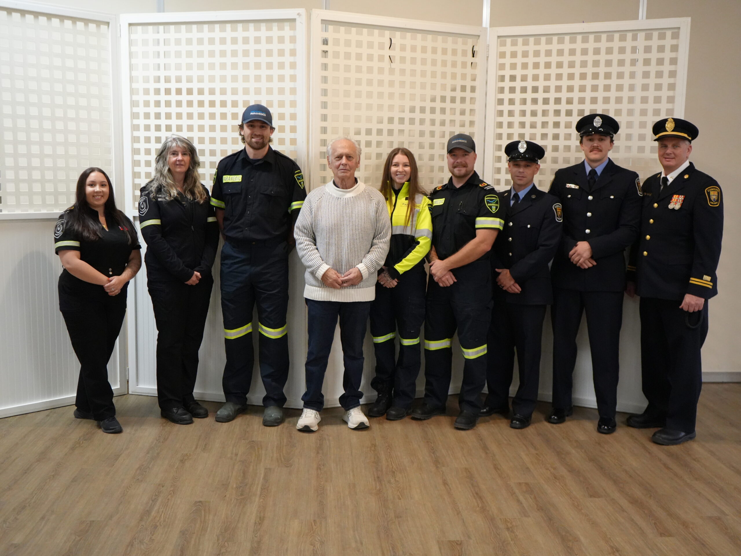 (Left to Right): Glenda McEwlwain (Lindsay CACC), Allyssa Bowen (Lindsay CACC), Dexter Barret (Northumberland Paramedics), Joseph Palumbo (Survivor), Brooklin Raven (Northumberland Paramedics), Christine O’Neil (Northumberland Paramedics), Matthew Diminie (Cobourg Fire Department), Brody Waller (Cobourg Fire Department), Scott MacDonald (Cobourg Fire Department).