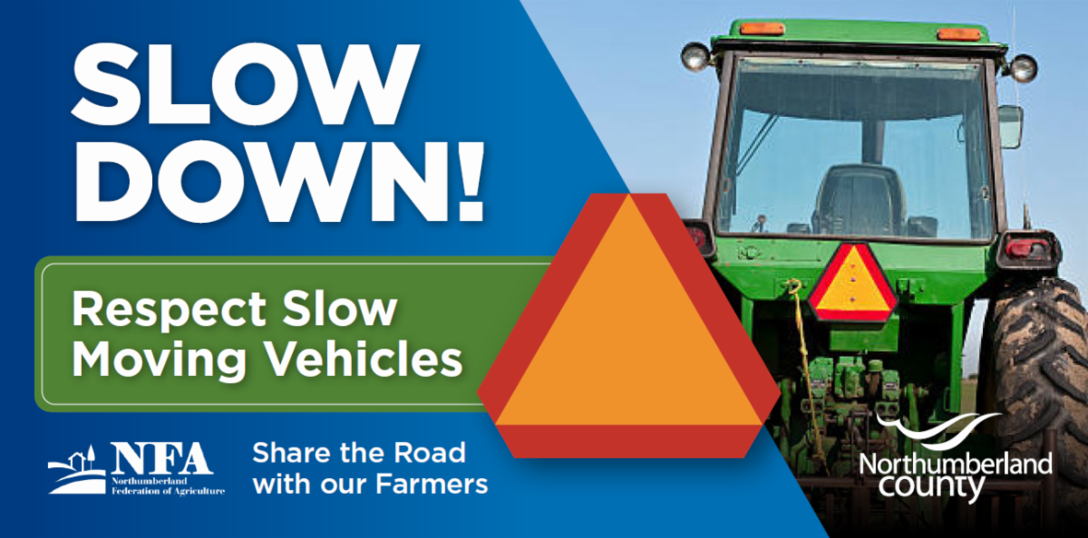 Graphic featuring a tractor driving down a road.